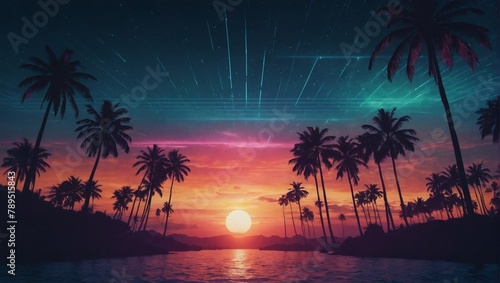 Retro background futuristic landscape s style. Retro music album cover template, palm trees, ocean waves, sunset. #789515843