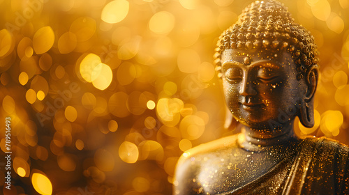 Golden buddha statue on golden background with blurred stardust, representing spirituality and peacefulness. © ELmidoi-AI