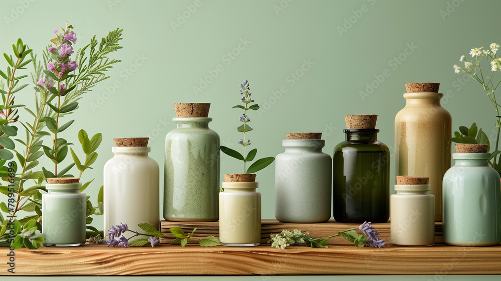 A row of jars with cork stoppers and plants on a shelf A row of jars with cork stoppers and plants on a shelf