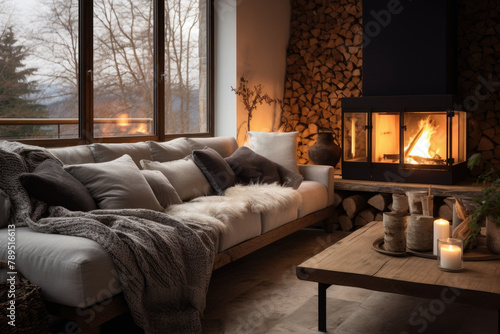 Sofa and daybed sofa by fireplace. Scandinavian farmhouse rustic home interior design of modern living room.