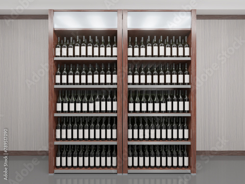 Wooden lighted wine cabinet with wine bottles with blank labels. 3d illustration