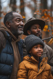 A grandfather, son and boy are walking in a forest. Family recreation concept.