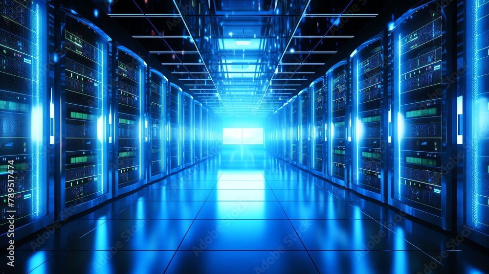 Hightech server room with rows of servers emitting blue LED lights, illustrating data processing and storage in a modern data center environment Hightech server room with rows of servers emitting blue LED lights, illustrating data processing and storage in a modern data center environment