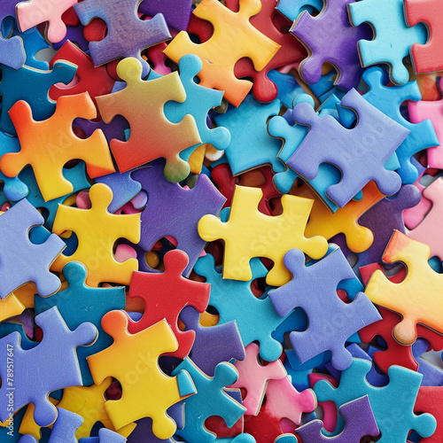 Colorful pieces puzzles background. World autism awareness day concept. Top view 