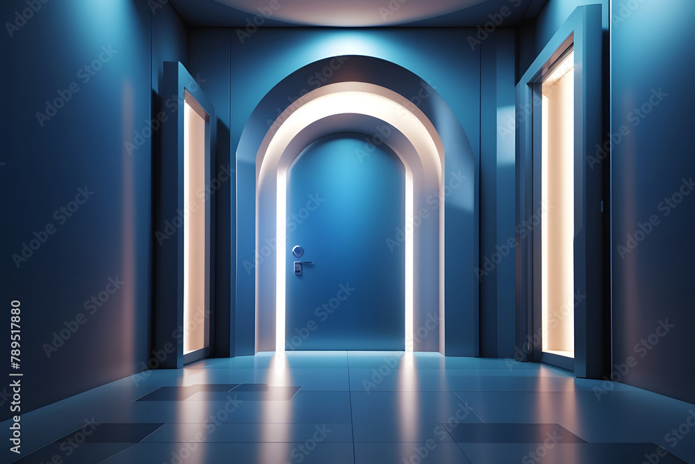 3d render, abstract blue geometric background design. Bright light goes through the door portal inside the empty dark room design.