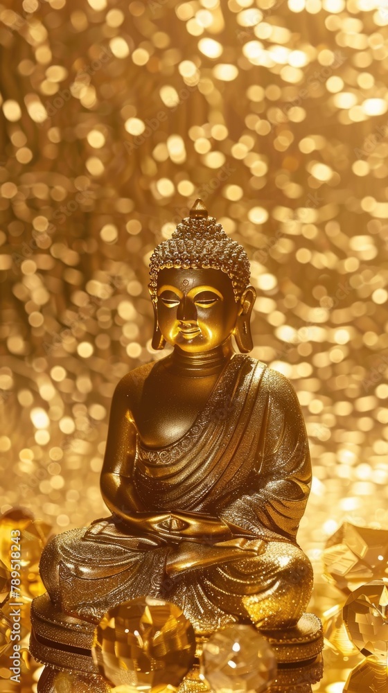 Golden Buddha Statue in Serene Meditation with Sparkling Background