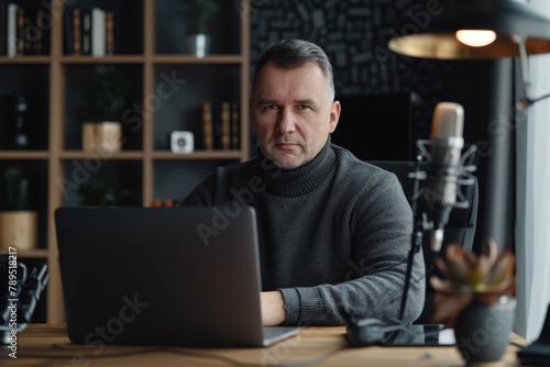 Portrait of successful man inside office, businessman with professional microphone recording online training course and audio podcasts, using laptop sitting at desk working, looking at, Generative AI