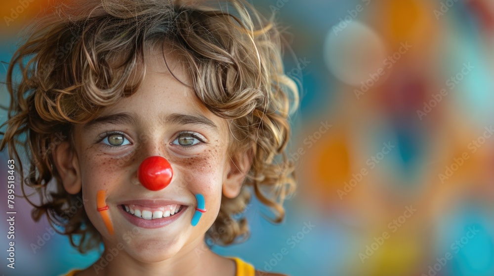 Joyful Child in Colorful Clown Makeup Smiling on Blue Background Joyful Child in Colorful Clown Makeup Smiling on Blue Background