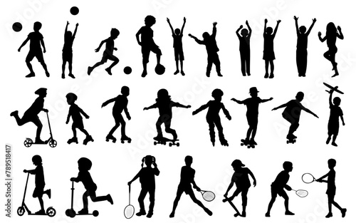 Children silhouettes on white background. Little girls and boys playing sports. Vector illustration.