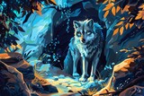 fierce wolf guarding cave entrance digital painting
