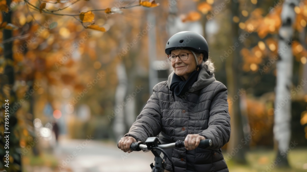 Senior Woman Enjoying Bicycle Ride in Autumn Park Senior Woman Enjoying Bicycle Ride in Autumn Park