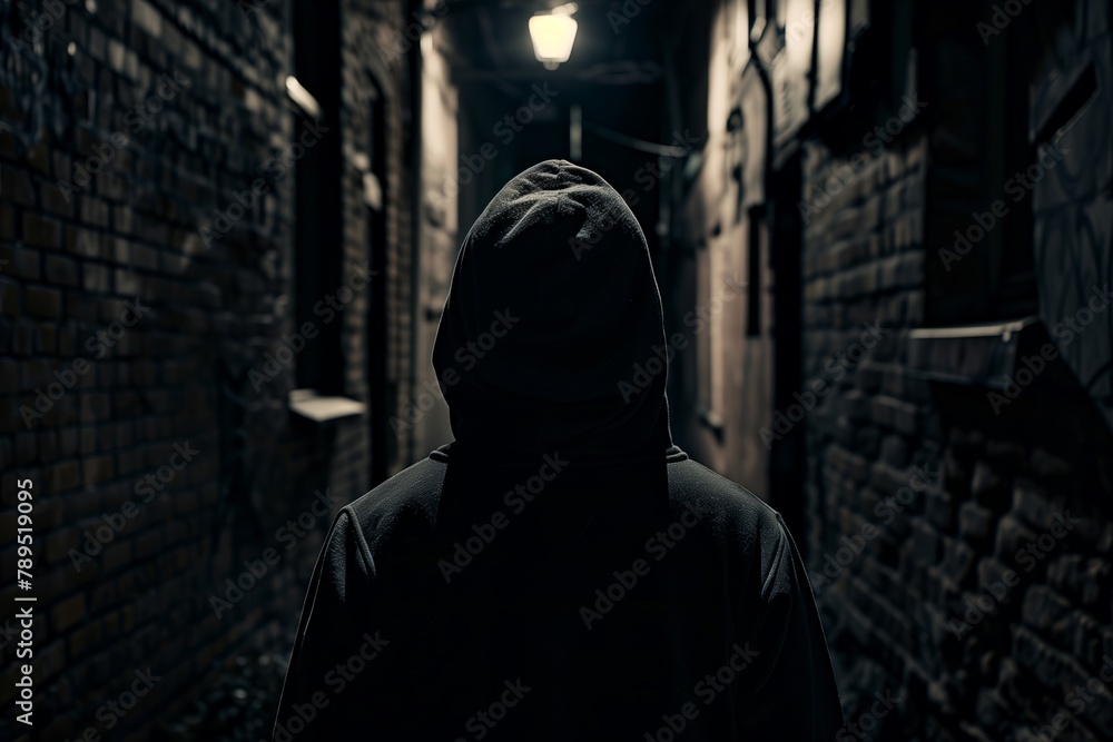 Enigmatic hooded figure in a dark alley Enigmatic hooded figure in a dark alley