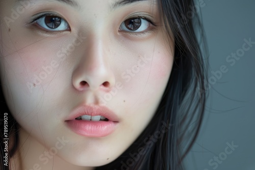 Youthful Asian Woman Portrait, Soft-Focus Blue Backdrop
