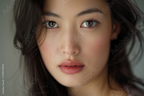 Close-Up Portrait of Young Asian Woman, Blue Background, High Detail