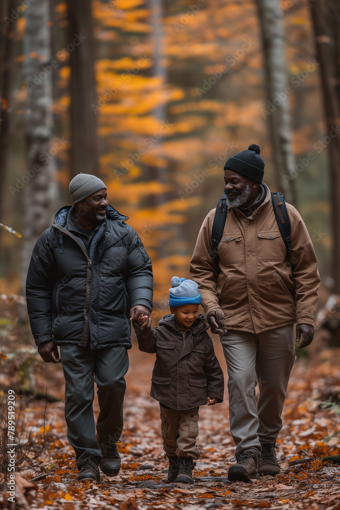 Fototapeta premium A man, boy and grandfather are walking in a forest. Family recreation concept