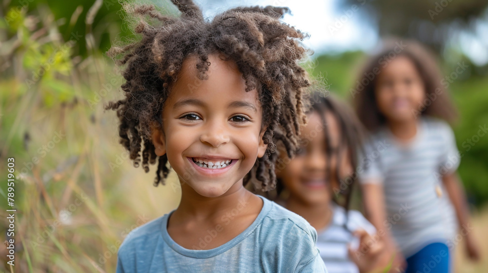 A group of small children in blurred background and one cute little boy smiling and running in front of the camera A group of small children in blurred background and one cute little boy smiling and running in front of the camera