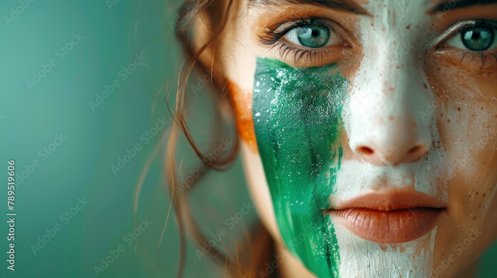 beautiful woman with face painted with the flag of Ireland. olympic games concept beautiful woman with face painted with the flag of Ireland. olympic games concept