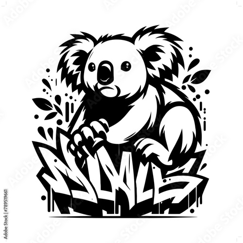 koala silhouette, animal graffiti tag, hip hop, street art typography illustration.