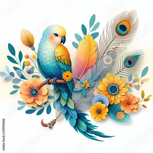 illsutration of Watercolor style illustration for parot with peacock feather and yellow flowers. paper art photo