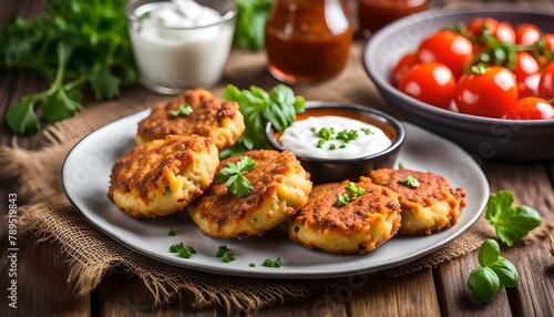 Potato patties (zrazy) Stuffed with minced meat, served with sour cream and tomato sauce. 