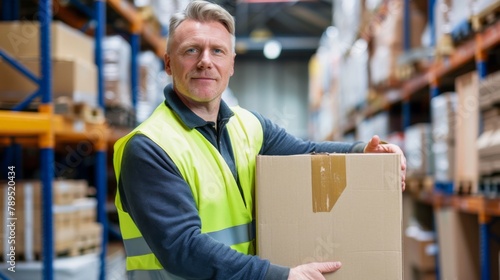 Smiling Warehouse Worker with Package