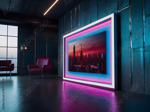 A futuristic TV hall featuring an empty canvas frame on a metallic wall design, illuminated by the dynamic, coloured lighting of advanced LED panels design.