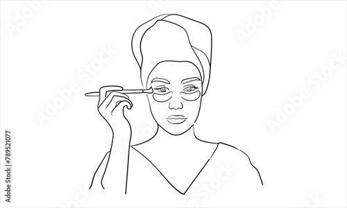 Girl makes herself a cosmetic mask isolated on white background. Relaxing at home line art drawing. Vector illustration
