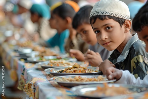 A child in a fez cap breaks fast with others  sharing a communal meal.
