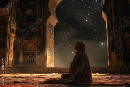 A person in contemplative prayer on a rug inside a mosque, with the night stars visible through the open architecture.