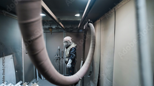 Tableau sur toile shot blasting man in production, The sandblaster is sending to steel material
