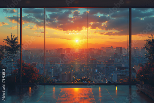 Sunset view from the window of a high-rise building.
