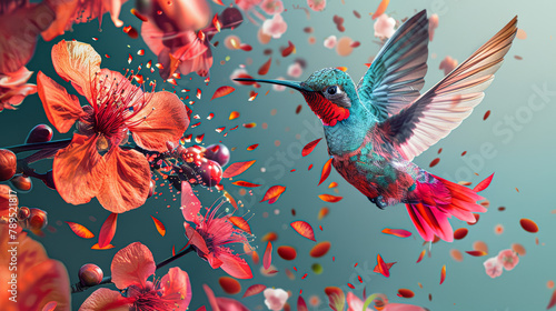 A hummingbird is flying over a tree with red flowers. The image has a vibrant and lively mood, with the bright colors of the flowers and the bird creating a sense of energy and movement