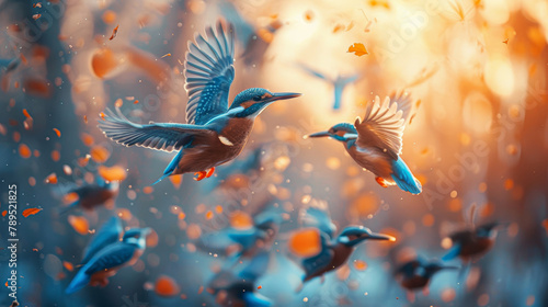 A group of birds flying in the sky with one of them having a fish in its beak photo