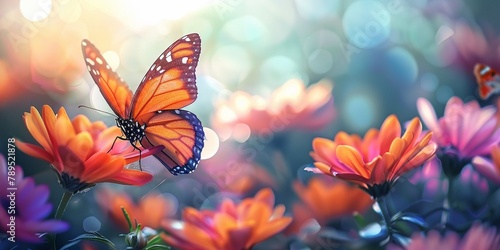 A butterfly on a colourful flower color sheme is pink orange and green warm sunset light in summer meadow photo