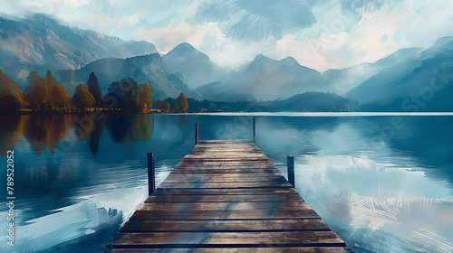 A dock juts out into a lake with mountains in the distance.  