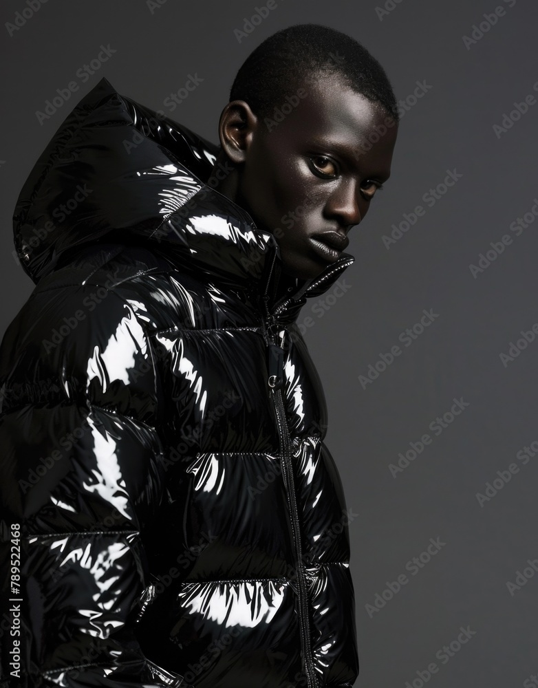 Stylish Man in Glossy Black Puffer Jacket Against Dark Background Stylish Man in Glossy Black Puffer Jacket Against Dark Background