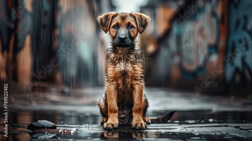 Stray homeless dog. Sad abandoned hungry puppy sitting alone in the street under rain. Dirty wet lost dog outdoors. Pets adoption, shelter, rescue, help for, Generative AI photo