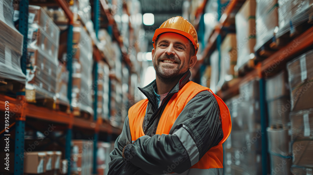 A man in a safety vest is smiling in front of a warehouse. He is wearing a hard hat and he is happy