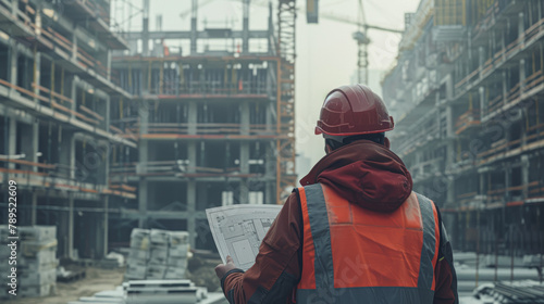 A construction worker wearing a red hard hat and orange vest is looking at a blueprint. The scene is set in a large, empty construction site with a lot of unfinished buildings
