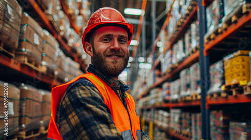 A man in a safety vest stands in a warehouse with a smile on his face. He is wearing a hard hat and he is happy