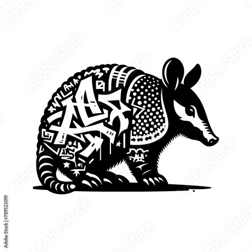 Armadillo; pangolin silhouette, animal graffiti tag, hip hop, street art typography illustration.