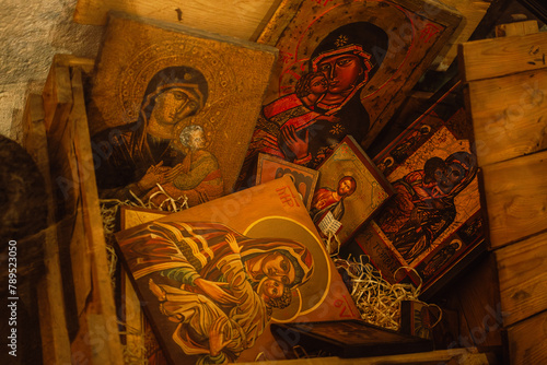 A wooden box of ancient Orthodox icons symbolizing the communist religious repression against Christians