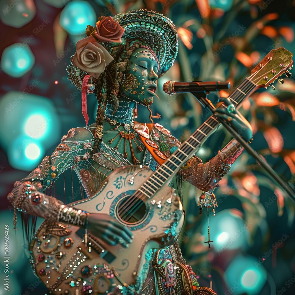 Boho musician with animal motifs, prosthetic guitar arm, Mystic Mosaic stage, Rose Gold spotlight, front angle, 