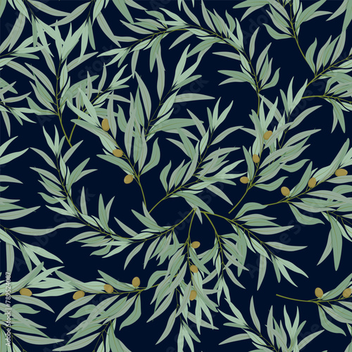 Seamless pattern of olive tree branches on a dark background