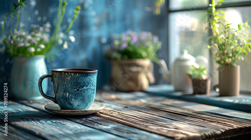 A blue coffee cup sits on a saucer on a wooden table