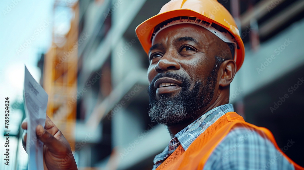 A professional site engineer, matured man wearing yellow color hard hat helmet and looking at a building site A professional site engineer, matured man wearing yellow color hard hat helmet and looking at a building site