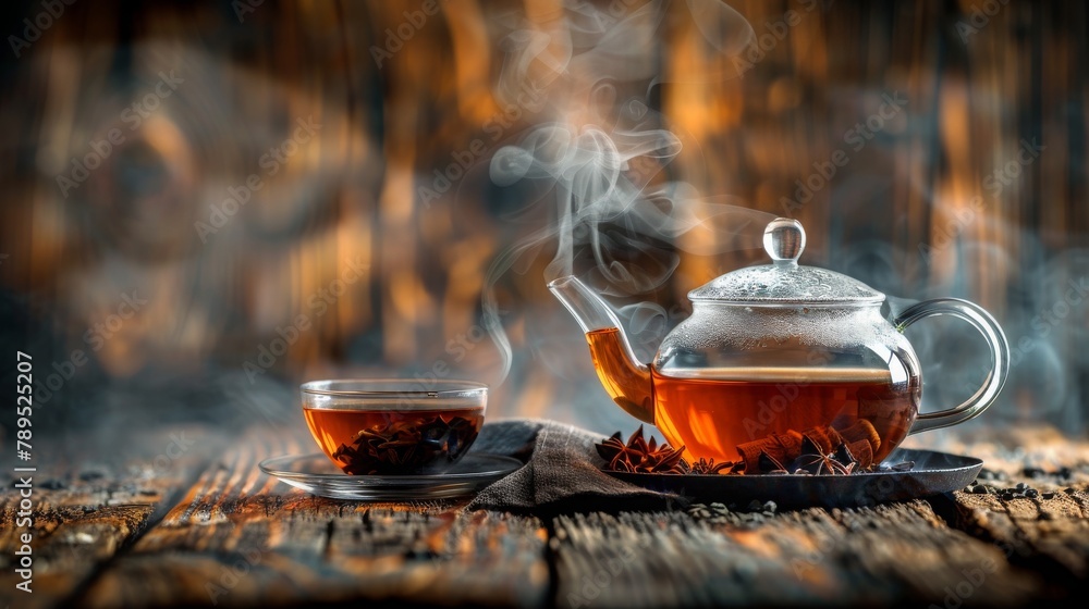 Hot tea in glass teapot and cup with steam on wood background. Copy space image. Place for adding text or design - obrazy, fototapety, plakaty 