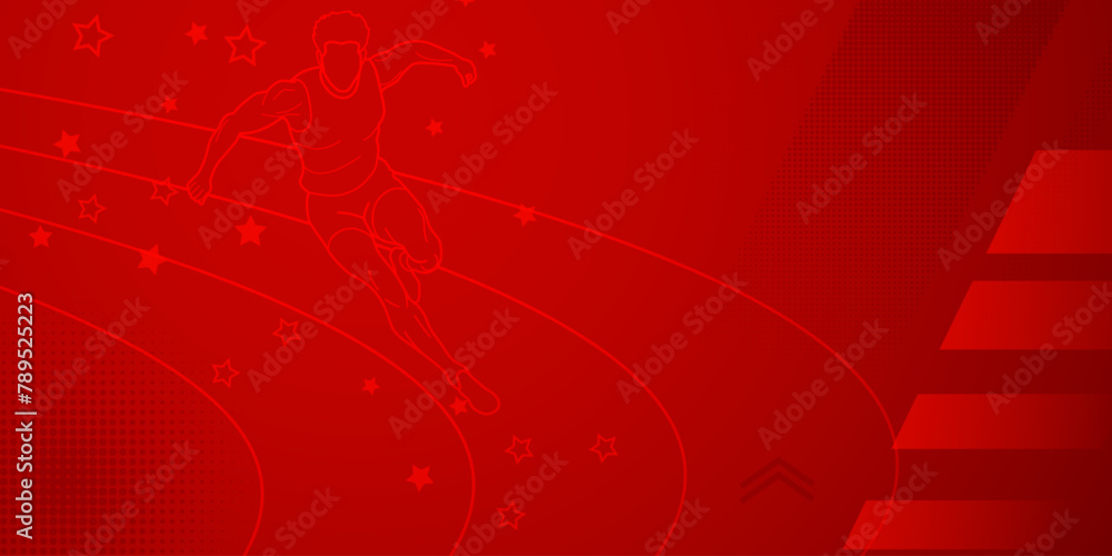 Runner themed background in red tones with abstract lines and dots, with sport symbols such as a male athlete and a running track Runner themed background in red tones with abstract lines and dots, with sport symbols such as a male athlete and a running track