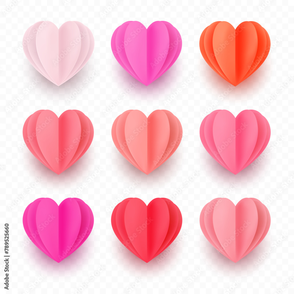 Pink paper heart set  with a shadow, love symbol isolated on transparent background. 3D vector holiday element.