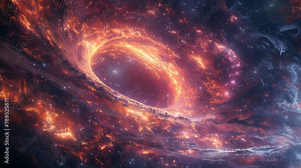 Big Planets and shining stars galaxy in space. Black hole over star field in outer space, abstract space wallpaper with form of letter O and sparks of light purple blue pink with copy space Big Planets and shining stars galaxy in space. Black hole over star field in outer space, abstract space wallpaper with form of letter O and sparks of light purple blue pink with copy space